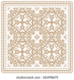 Abstract graphic background, square geometric pattern with frame, tribal ethnic ornament. Bandanna shawl fabric print, silk neck scarf or kerchief design, vector illustration. 