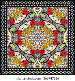 Abstract graphic background, square geometric pattern with frame, tribal ethnic ornament. Bandanna shawl fabric print, silk neck scarf or kerchief design, vector illustration. 
