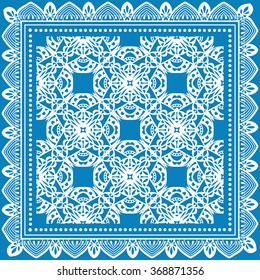 Abstract graphic background, square geometric pattern with frame, tribal ethnic ornament. Bandanna shawl fabric print, silk neck scarf or kerchief design, vector illustration. 