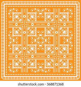 Abstract graphic background, square geometric pattern with frame, tribal ethnic ornament. Bandanna shawl fabric print, silk neck scarf or kerchief design, vector illustration. 