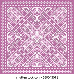 Abstract graphic background, square geometric pattern with frame, tribal ethnic ornament. Bandanna shawl fabric print, silk neck scarf or kerchief design, vector illustration. 