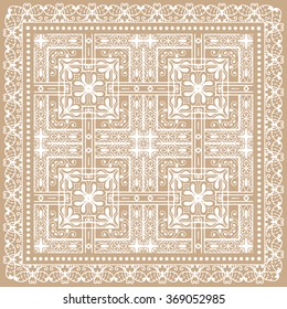 Abstract graphic background, square geometric pattern with frame, tribal ethnic ornament. Bandanna shawl fabric print, silk neck scarf or kerchief design, vector illustration. 