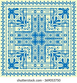 Abstract graphic background, square geometric pattern with frame, tribal ethnic ornament. Bandanna shawl fabric print, silk neck scarf or kerchief design, vector illustration. 