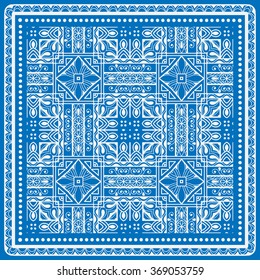 Abstract graphic background, square geometric pattern with frame, tribal ethnic ornament. Bandanna shawl fabric print, silk neck scarf or kerchief design, vector illustration. 