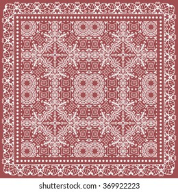Abstract graphic background, square geometric pattern with frame, tribal ethnic ornament. Bandanna shawl fabric print, silk neck scarf or kerchief design, vector illustration. 