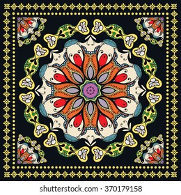 Abstract graphic background, square geometric pattern with Mandala tribal ethnic ornament. Bandanna shawl fabric print, silk neck scarf or kerchief design, vector illustration.