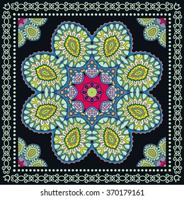 Abstract graphic background, square geometric pattern with Mandala tribal ethnic ornament. Bandanna shawl fabric print, silk neck scarf or kerchief design, vector illustration.