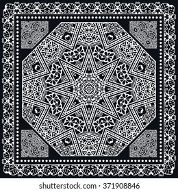 
Abstract graphic background, square geometric pattern with Mandala tribal ethnic ornament. Black bandanna shawl fabric print, silk neck scarf or kerchief design, vector illustration.