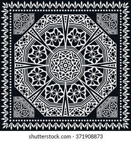 
Abstract graphic background, square geometric pattern with Mandala tribal ethnic ornament. Black bandanna shawl fabric print, silk neck scarf or kerchief design, vector illustration.