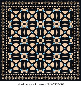 Abstract graphic background, square geometric pattern with frame, tribal ethnic ornament. Bandanna shawl fabric print, silk neck scarf or kerchief design, vector illustration. 