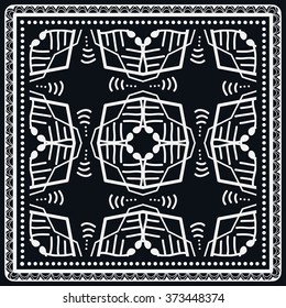 Abstract graphic background, square geometric pattern with frame, tribal ethnic ornament. Black bandanna shawl fabric print, silk neck scarf or kerchief design, vector illustration. 
