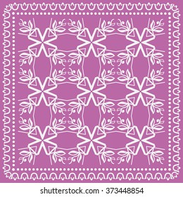 Abstract graphic background, square geometric pattern with frame, tribal ethnic ornament. Bandanna shawl fabric print, silk neck scarf or kerchief design, vector illustration. 