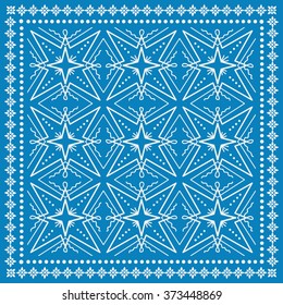 Abstract graphic background, square geometric pattern with frame, tribal ethnic ornament. Bandanna shawl fabric print, silk neck scarf or kerchief design, vector illustration. 