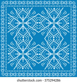 Abstract graphic background, square geometric pattern with frame, tribal ethnic ornament. Bandanna shawl fabric print, silk neck scarf or kerchief design, vector illustration. 