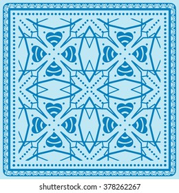 Abstract graphic background, square geometric pattern with frame, tribal ethnic ornament. Bandanna shawl fabric print, silk neck scarf or kerchief design, vector illustration. 