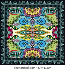 Abstract graphic background, square geometric pattern with frame, tribal ethnic ornament. Bandanna shawl fabric print, silk neck scarf or kerchief design, vector illustration. 