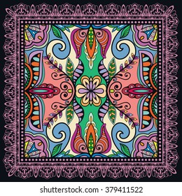 Abstract graphic background, square geometric pattern with frame, tribal ethnic ornament. Bandanna shawl fabric print, silk neck scarf or kerchief design, vector illustration. 