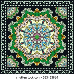 Abstract graphic background, square geometric pattern with frame, tribal ethnic mandala ornament. Bandanna shawl fabric print, silk neck scarf or kerchief design, vector illustration. 