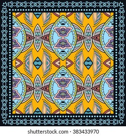 Abstract graphic background, square geometric pattern with frame, tribal ethnic ornament. Bandanna shawl fabric print, silk neck scarf or kerchief design, vector illustration. 