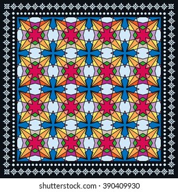 Abstract graphic background, square geometric pattern with frame, tribal ethnic ornament. Bandanna shawl fabric print, silk neck scarf or kerchief design, vector illustration. 