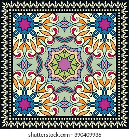 Abstract graphic background, square geometric pattern with frame, tribal ethnic ornament. Bandanna shawl fabric print, silk neck scarf or kerchief design, vector illustration. 