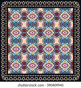Abstract graphic background, square geometric pattern with frame, tribal ethnic ornament. Bandanna shawl fabric print, silk neck scarf or kerchief design, vector illustration. 