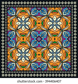 Abstract graphic background, square geometric pattern with frame, tribal ethnic ornament. Bandanna shawl fabric print, silk neck scarf or kerchief design, vector illustration. 