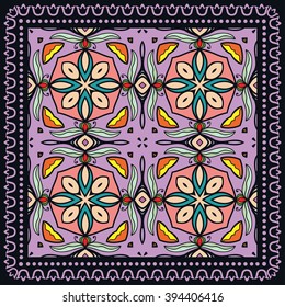 Abstract graphic background, square geometric pattern with frame, tribal ethnic ornament. Bandanna shawl fabric print, silk neck scarf or kerchief design, vector illustration. 