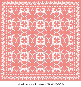 Abstract graphic background, square geometric pattern with frame, tribal ethnic ornament. Bandanna shawl fabric print, silk neck scarf or kerchief design, vector illustration. 