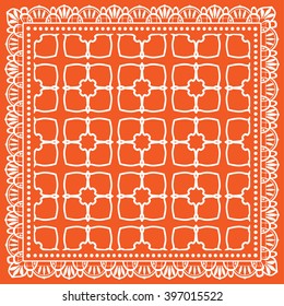 Abstract graphic background, square geometric pattern with frame, tribal ethnic ornament. Bandanna shawl fabric print, silk neck scarf or kerchief design, vector illustration. 