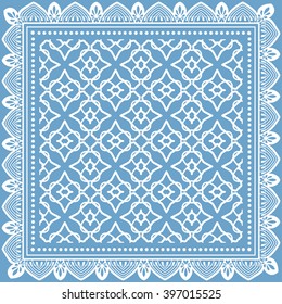 Abstract graphic background, square geometric pattern with frame, tribal ethnic ornament. Bandanna shawl fabric print, silk neck scarf or kerchief design, vector illustration. 