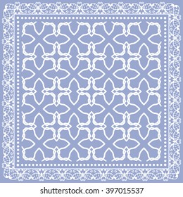 Abstract graphic background, square geometric pattern with frame, tribal ethnic ornament. Bandanna shawl fabric print, silk neck scarf or kerchief design, vector illustration. 