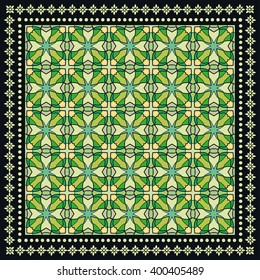 Abstract graphic background, square geometric pattern with frame, tribal ethnic ornament. Bandanna shawl fabric print, silk neck scarf or kerchief design, vector illustration. 
