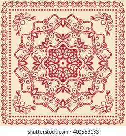 Abstract graphic background, square geometric pattern with Mandala tribal ethnic ornament. Bandanna shawl fabric print, silk neck scarf or kerchief design, vector illustration.