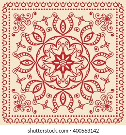 Abstract graphic background, square geometric pattern with Mandala tribal ethnic ornament. Bandanna shawl fabric print, silk neck scarf or kerchief design, vector illustration.