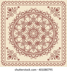 Abstract graphic background, square geometric pattern with Mandala tribal ethnic ornament. Bandanna shawl fabric print, silk neck scarf or kerchief design, vector illustration.