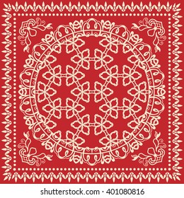 Abstract graphic background, square geometric pattern with Mandala tribal ethnic ornament. Bandanna shawl fabric print, silk neck scarf or kerchief design, vector illustration.