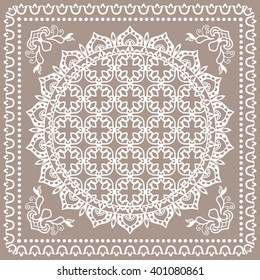 Abstract graphic background, square geometric pattern with Mandala tribal ethnic ornament. Bandanna shawl fabric print, silk neck scarf or kerchief design, vector illustration.