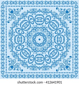 Abstract graphic background, square geometric pattern with Mandala tribal ethnic ornament. Bandanna shawl fabric print, silk neck scarf or kerchief design, vector illustration.