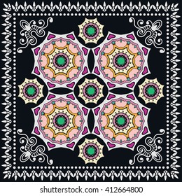 Abstract graphic background, square geometric pattern with Mandala tribal ethnic ornament. Bandanna shawl fabric print, silk neck scarf or kerchief design, vector illustration.