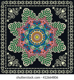 Abstract graphic background, square geometric pattern with Mandala tribal ethnic ornament. Bandanna shawl fabric print, silk neck scarf or kerchief design, vector illustration.