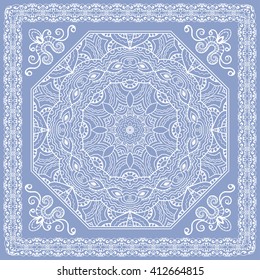 Abstract graphic background, square geometric lace pattern with Mandala tribal ethnic ornament. Bandanna shawl fabric print, silk neck scarf or kerchief design, vector illustration.