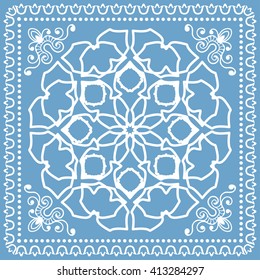 Abstract graphic background, square geometric pattern with Mandala tribal ethnic ornament. Bandanna shawl fabric print, silk neck scarf or kerchief design, vector illustration.