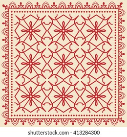 Abstract graphic background, square geometric pattern with frame, tribal ethnic ornament. Bandanna shawl fabric print, silk neck scarf or kerchief design, vector illustration. 