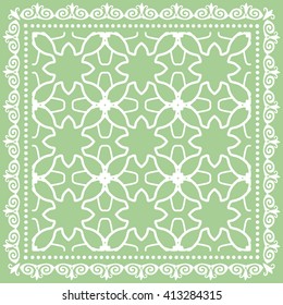 Abstract graphic background, square geometric pattern with frame, tribal ethnic ornament. Bandanna shawl fabric print, silk neck scarf or kerchief design, vector illustration. 