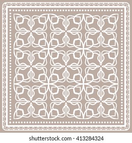 Abstract graphic background, square geometric pattern with frame, tribal ethnic ornament. Bandanna shawl fabric print, silk neck scarf or kerchief design, vector illustration. 