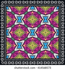 Abstract graphic background, square geometric pattern with frame, tribal ethnic ornament. Bandanna shawl fabric print, silk neck scarf or kerchief design, vector illustration. 
