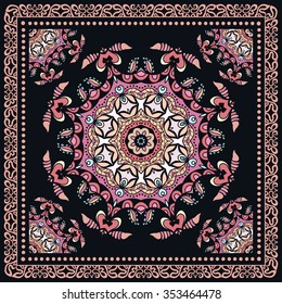Abstract graphic background, square pattern with Mandala geometric ornament. Bandanna fabric print, silk neck scarf or kerchief design, vector illustration.