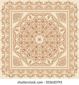 Abstract graphic background, square pattern with Mandala geometric ornament. Bandanna fabric print, silk neck scarf or kerchief design, vector illustration.