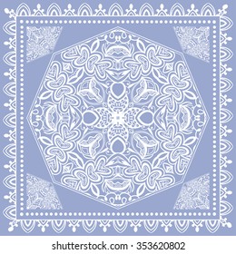 Abstract graphic background, square pattern with Mandala geometric ornament. Bandanna fabric print, silk neck scarf or kerchief design, vector illustration.
